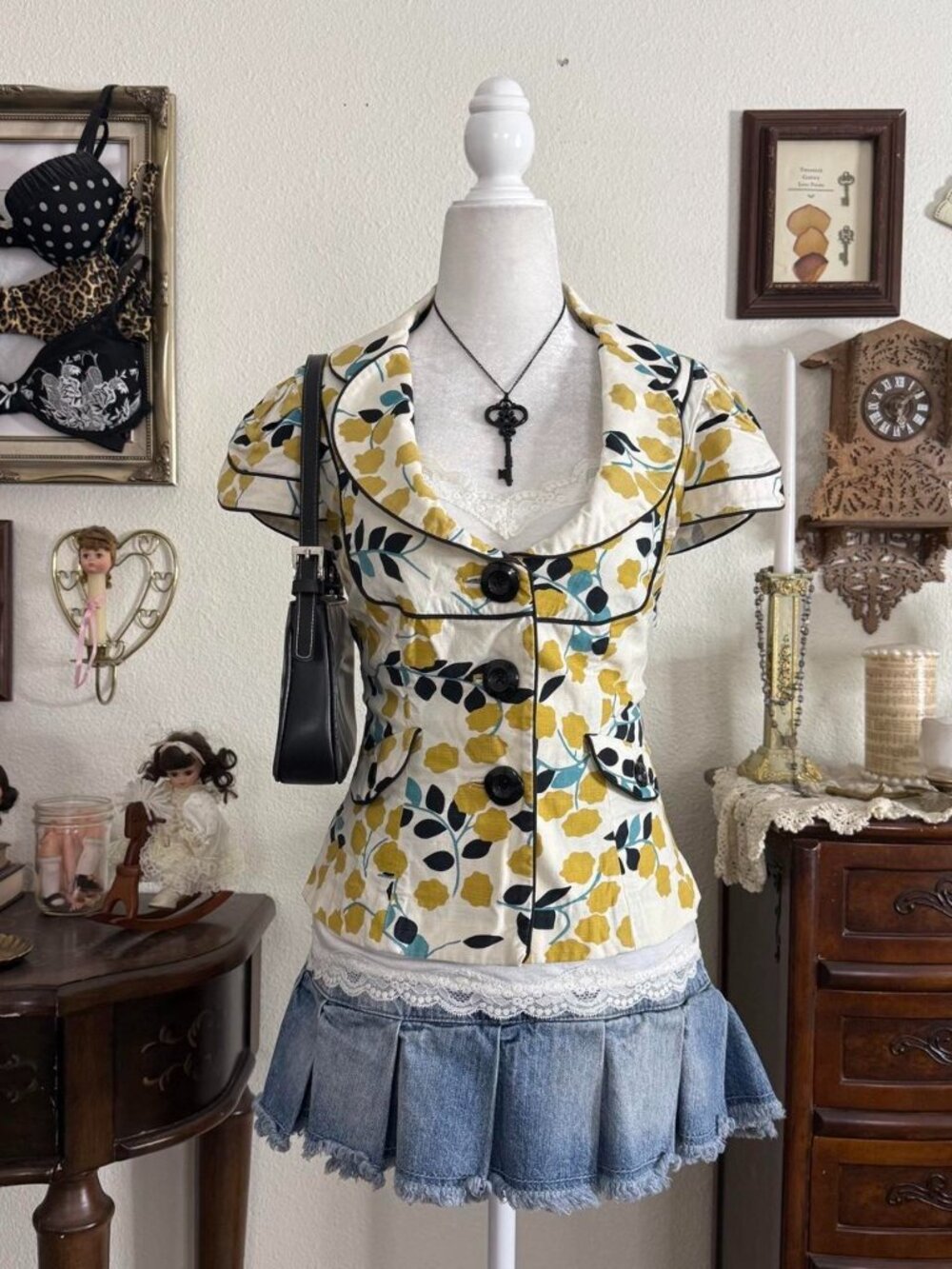 Y2k twee whimsical preppy floral cap sleeve jacket